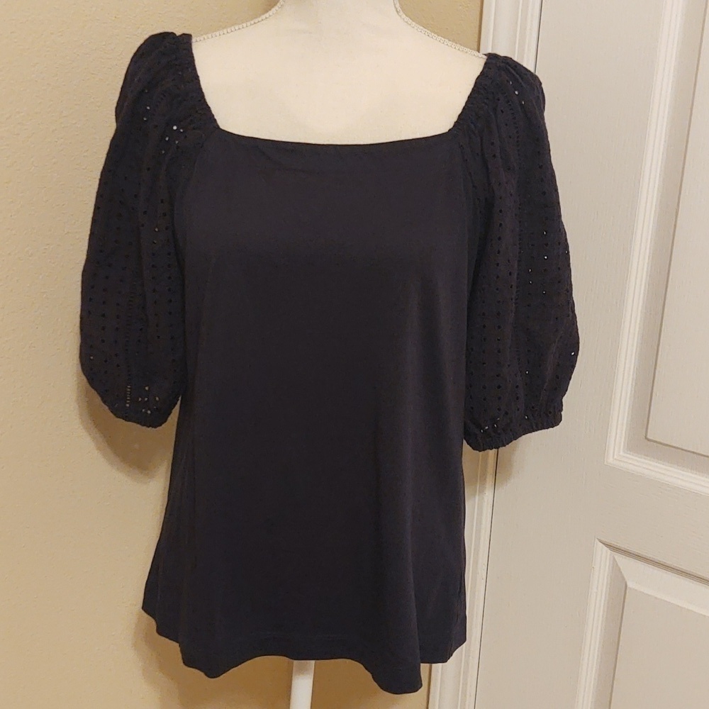 Crown & Ivy Women's Navy Blouse with Eyelet 3/4 Sleeves